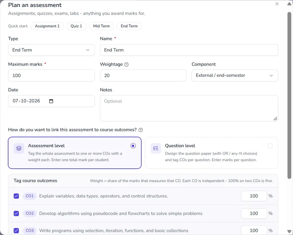 OBE Studio ‘Plan an assessment’ form with type, maximum marks, weightage and component, and a choice to link course outcomes at assessment or question level.