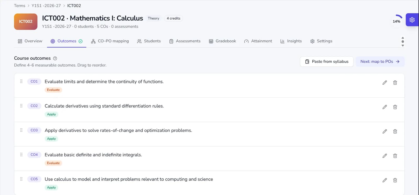 OBE Studio course outcomes list for a calculus course, each outcome tagged with a Bloom’s level such as Apply or Evaluate.