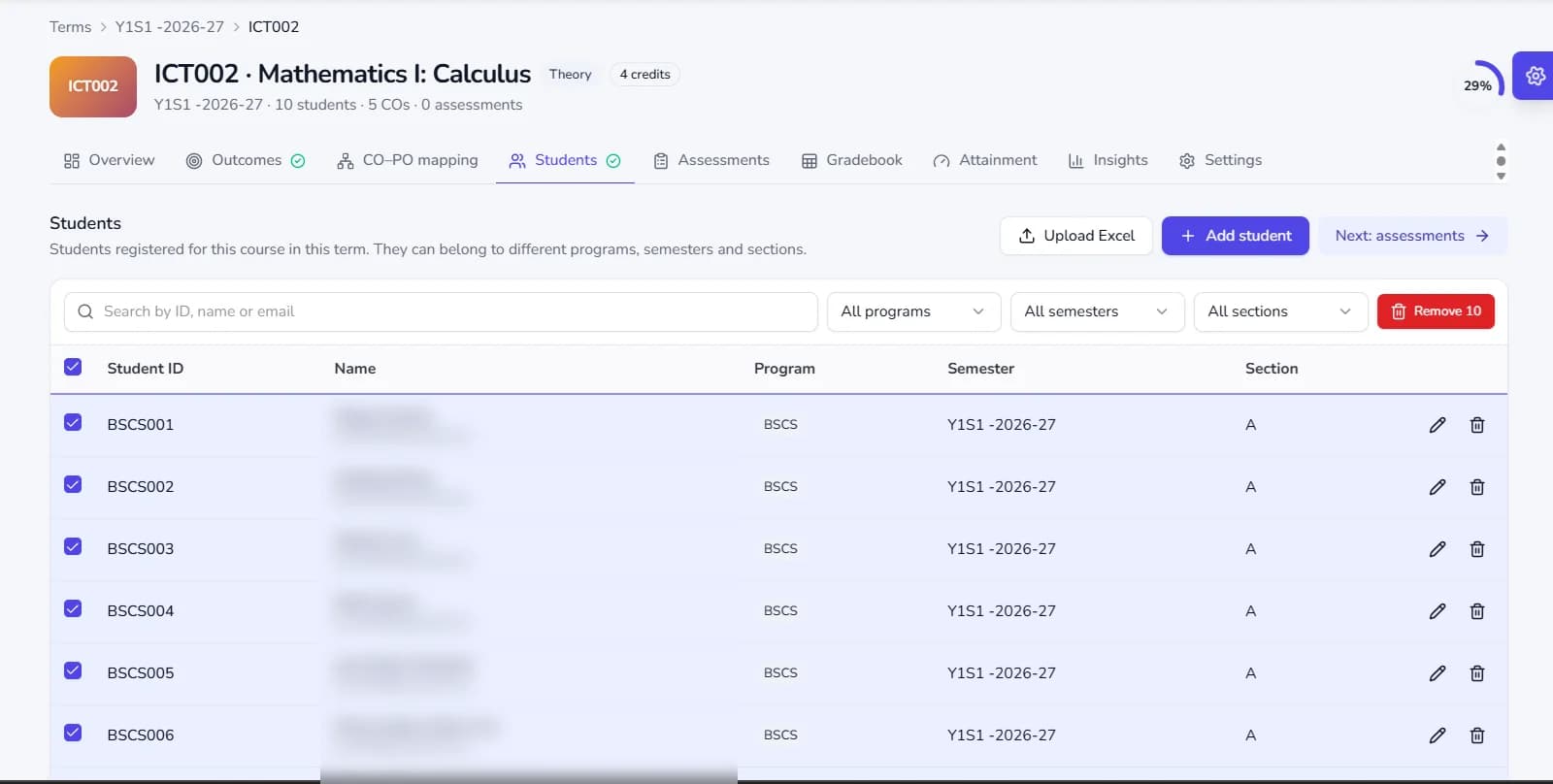 OBE Studio course students tab with Upload Excel and Add student actions, filters by program, semester and section, and student IDs. Names are blurred.